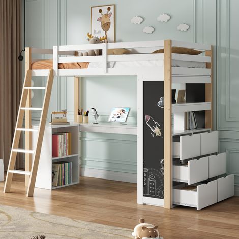 Letto a soppalco in legno massello e MDF bianco e naturale 90x200 cm con scrivania, cassetti e scaffali (1/4)