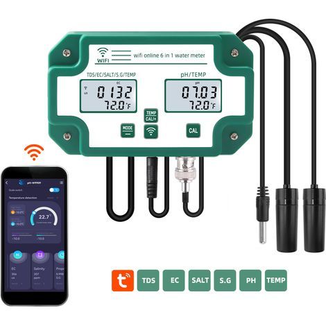 Monitor multiparametrico WiFi 6 in 1: Misurazione professionale di pH, TDS, conducibilità (EC), salinità, densità relativa (SG) e temperatura. Per piscine, acquari e acquacoltura - Sonde digitali (1/5)