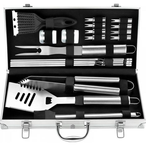 Kit barbecue 20 pièces : ustensiles en acier inoxydable dans un étui en aluminium. (1/4)