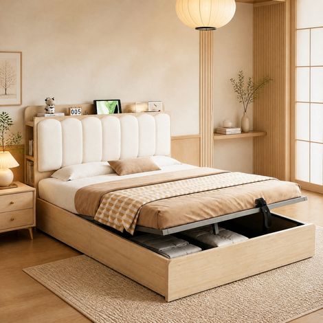 Lit coffre 140 x 200 cm avec tête de lit rembourrée, USB, rangement, bois naturel OKMYHOME (1/5)