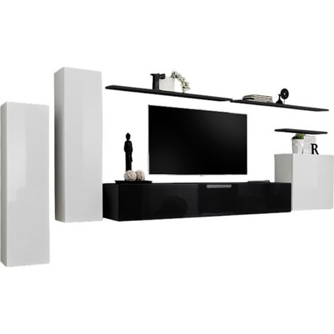 Set mobili soggiorno SWITCH I – Bianco e nero lucido – Mobile TV e contenitori sospesi moderni