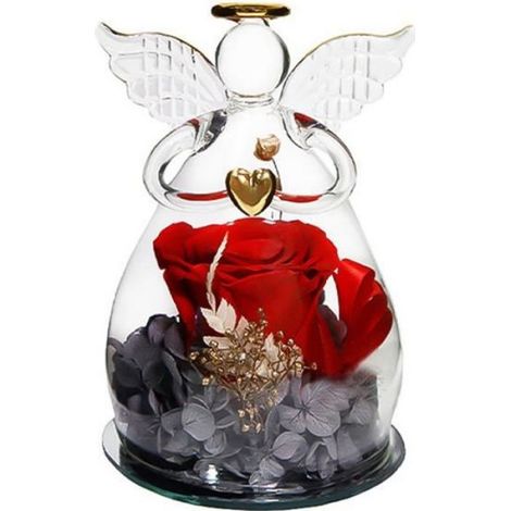 Figurine Ange - Verre Transparent - Rose Naturelle Séchée et Préservée - Cadeau Féminin - 1 Pièce (1/3)