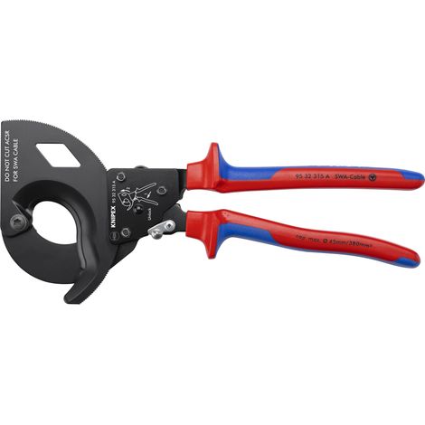 KNIPEX 95 32 315 A Cesoia a cremagliera (sistema a cricchetto) per cavo a nastro d'acciaio (cavo SWA) con manici multicomponente verniciata nera 315 mm (1/4)