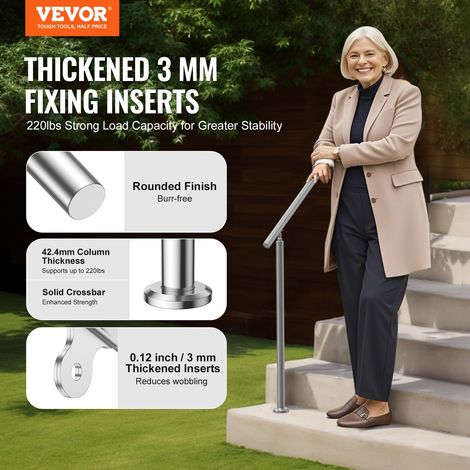Rampe d'Escalier, 150 cm, Main Courante Escalier pour Marches Extérieures en Acier Inoxydable, avec Kit d'Installation, Barre d'Appui à Double Colonne, pour Personnes Âgées, Porche, Terrasse (1/5)
