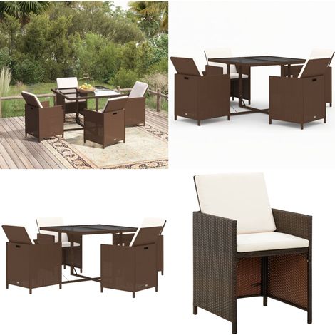Set da Pranzo da Giardino 5pz con Cuscini in Polyrattan Marrone - Sedie da giardino - Tavolo da giardino