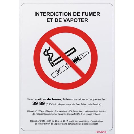 Panneau interdiction de fumer et de vapoter Novap - 210 x 297 mm
