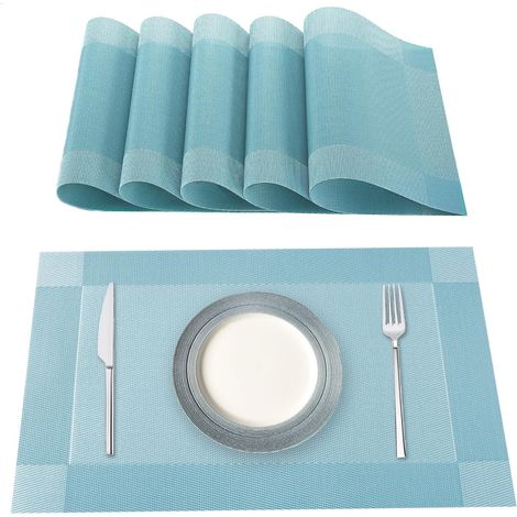 Lot de 6 Set de table, PVC et polyester, antidérapant, résistant à la chaleur, pour cuisine, bleu ciel (1/5)