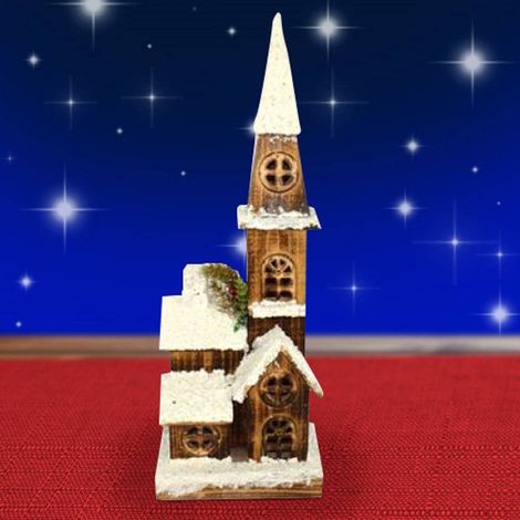 TrAdE Shop Traesio - Campanile Legno Innevato Con Luci Gialle Altezza 54 Cm Decorazioni Natalizie - (1/2)