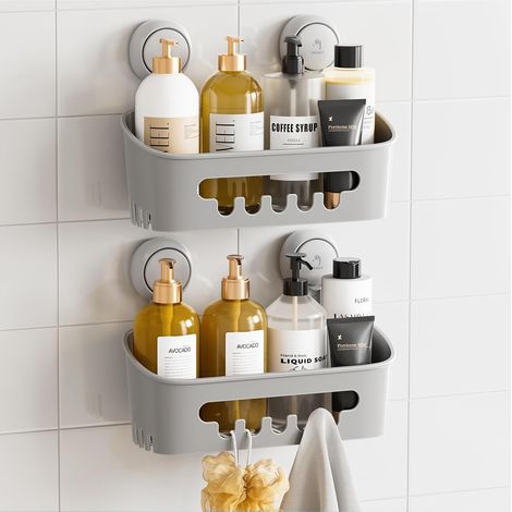 Eckduschablage – 1 Stück – Grauer Kunststoff – Saugnapfbefestigung ohne Bohren – Aufbewahrung für Shampoo im Badezimmer (1/5)