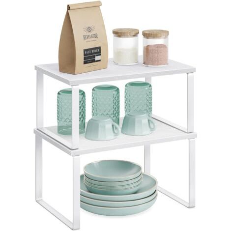 Étagère à Épices, Lot de 2, Organisateur de Placard, Étagère de Rangement de Cuisine Extensible, Porte-épices Empilable, Métal, Bois d’Ingénierie, Blanc Nuage et Blanc Neige