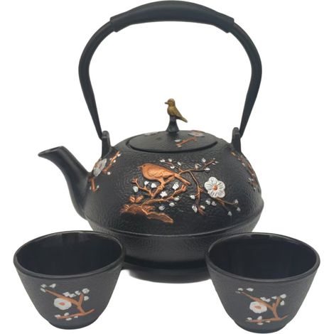 Set teiera in ghisa da 1,2 l con fiori + 2 tazze in ceramica