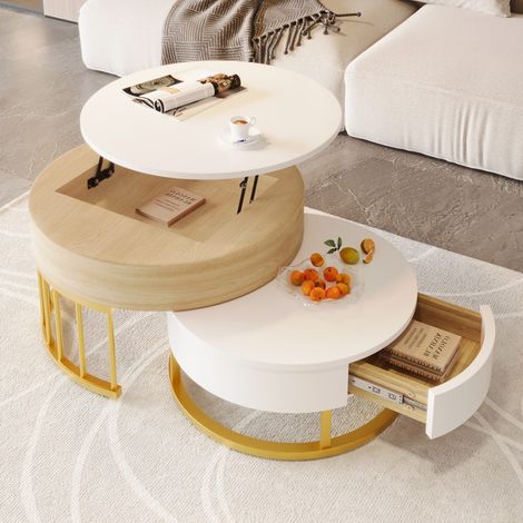 Lot de 2 Tables Basses Rondes Gigognes Rondes Relevable - 70x70x56cm - Plateau Relevable Coffre Caché Tiroir Salon - Blanc et Bois (1/5)