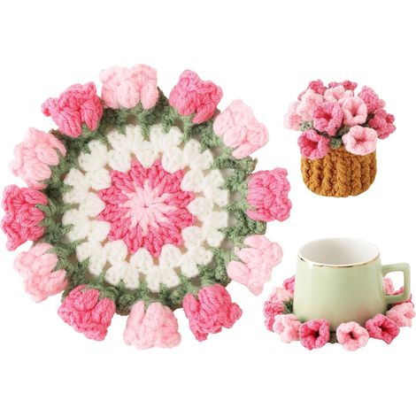 Dessous de verre fleuri crocheté à la main - Motif décoratif délicat - Idéal pour table basse et décoration intérieure - Rose (1 pièce) (1/5)