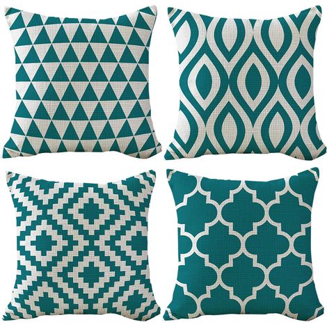 Lot de 4 Housse Coussin 40x40 Salon Bleu Canard Housse de Coussin géométrique Lin Moderne Décor pour Chambre Canapé Balcon Patio (1/5)