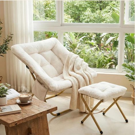 Relaxsessel mit Hocker 72 x 76 x 78cm für Teenager und Erwachsene, Scandinavian, Kunstfell-Stoff aus Polyester, mit Seitentasche & Stabilem Metallgestell, Klappbar Mondstuhl Indoor, Beige (1/5)