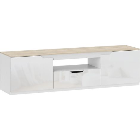 Mueble TV bajo de MDF efecto madera natural 160 x 38 x 43 cm para TVs de hasta 65 pulgadas (1/5)
