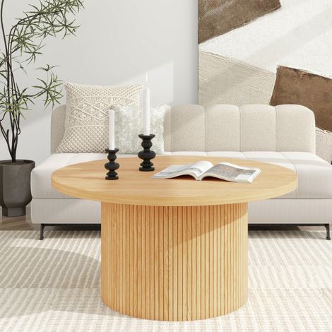 Table basse ronde de salon en bois naturel, structure MDF, 90 x 90 x 45 cm, REDOM (1/5)