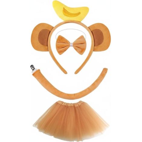 Plush Monkey Hair Circle Headband Ears Accessory Soft Fabric and Fluffy Sponge for Long-Lasting Comfort Halloween Costumes Performances, Yellow-Brown, Banana Ears + Skirt (1/5)