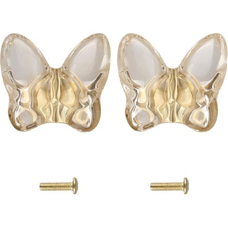 Lot de 2 boutons transparents lapin/papillon, poignées en laiton pour armoires et commodes. (1/5)