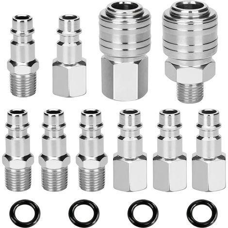 10pcs 1/4" BSP Compressed Air Quick Coupling Compressor Fittings Pneumatic Fitting for Compressors, Hoses, Tyre Inflating Tool, with 4 Spare Rubber Rings (1/5)