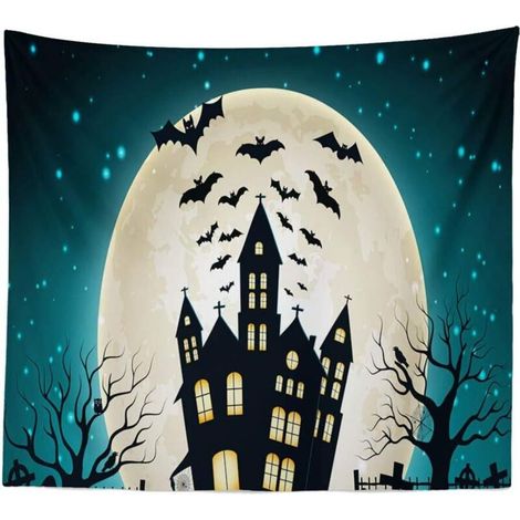 Arazzo di Halloween appeso a parete luna albero morto castello pipistrello stampa digitale decorazioni per la casa telo mare 150 x 130 cm (1/5)
