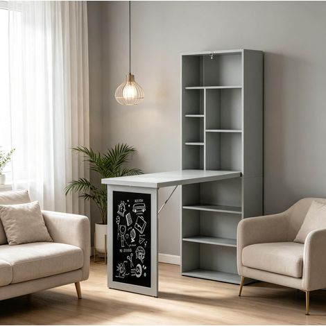 Bureau mural pliant 98x51x153 cm en MDF et pin gris foncé, gain de place – MEUBLIV (1/5)