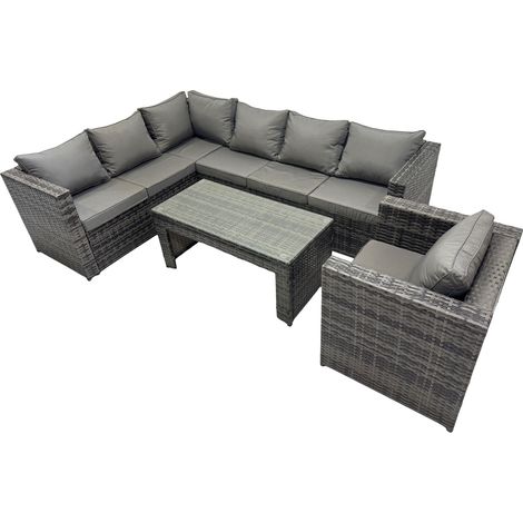 Fimous 4 Pieces Outdoor PE Rattan Garden Furniture Corner Sofa Oblong Coffee Table Set with Cushions Dark Grey Mixed (1/5)
