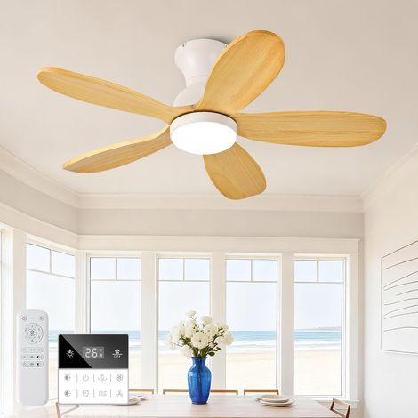 Ventilateur de plafond en bois de 91 cm avec éclairage, petit ventilateur discret avec télécommande, montage encastré, 5 pales, 6 vitesses de ventilation, ventilateur de plafond moderne et compact pou (1/5)