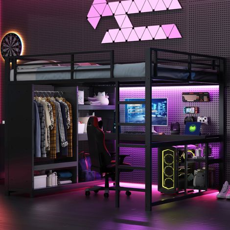 Lit mezzanine métal noir 160x200 cm avec bureau, dressing ouvert, étagères, LED et sommier à lattes (1/5)