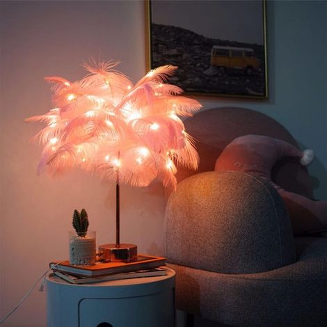 Lampe de Table en Plumes Chambre Lampes de Bureau de Chevet Abat-jour en Plumes D'autruche LED Veilleuses avec Télécommande USB Double Sage, (Rose) (1/5)
