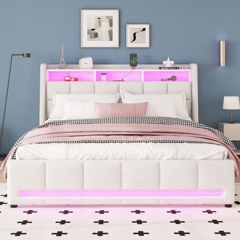 Lit capitonné 140 x 200 cm sans matelas, avec télécommande app, LED, tiroirs + prises USB, rangement intégré, linge inclus, beige (1/4)