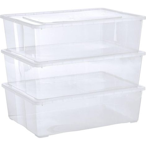 Set di 3 scatole portaoggetti con coperchio - 25 L - Cassette impilabili in plastica trasparente - Per vestiti, scarpe, giocattoli, articoli per il fai da te (1/4)