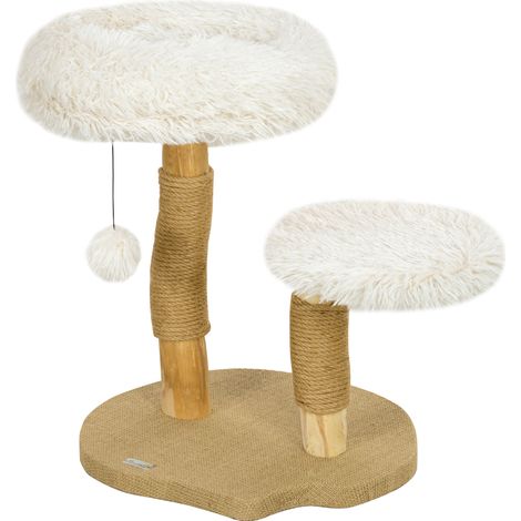 Rascador para gatos de 61,5 cm con pelota, camas y árbol de madera blanco (1/5)
