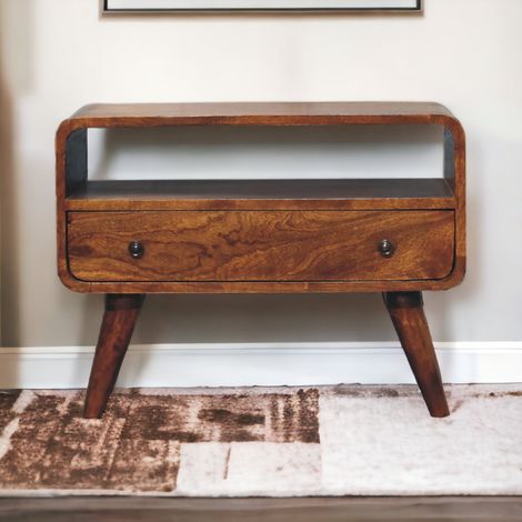 AS EASY Solid Wood Mini Chestnut Curved Media Unit, 1 Drawer, 1 Open Slot, Brown