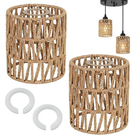 Abat-jour Plafond 2 Pièces Abat Jour Rotin Corde Tissée à la Main Style Boho Décoration de la Maison pour E27 E14 Applique Suspendue Lampadaires Suspension Lustre (1/4)
