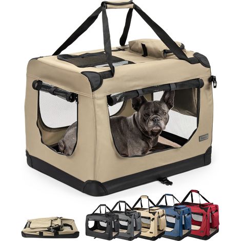 lionto Hundetransportbox faltbar, stabile Stoffbox mit Mesh-Einsätzen, ideal für Auto, Reise & Tierarzt, 70x52x50 cm, beige