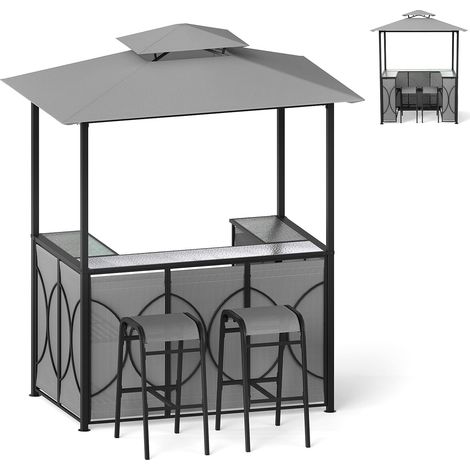 3 Pcs Abri Barbecue avec Bar d'Extérieur,Table de Bar en Verre Trempé, 2 Tabourets, Porte-Verres, Abri de Grill à Double Toit pour Jardin, Piscine, Cour,194 x 121 x 242CM (Gris-1) (1/5)
