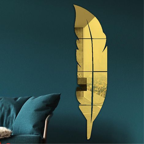 Stickers muraux miroir 3D en acrylique Plume Dorée, décoration moderne pour salon, autocollants décoratifs amovibles (1/3)