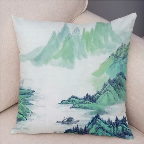 Fundas de almohada de algodón y lino para la decoración del dormitorio y la sala de estar, fundas de almohada con paisajes pintados con tinta china, cojines decorativos para el hogar con estampado ver