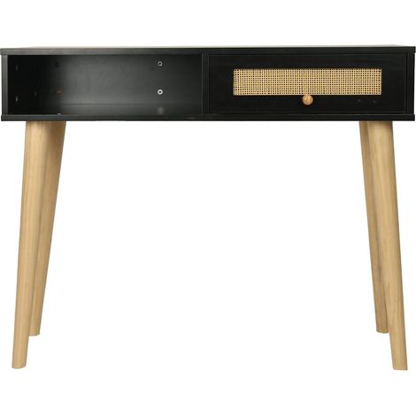 Palozi Sofa – Console cannage Marine – Dimensions 100 x 29 x 81 cm – Finition noire – Pieds scandinaves en bois – Tiroir de rangement