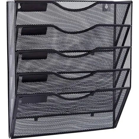 Organiseur mural suspendu à 5 poches en filet, porte-documents mural, porte-revues avec porte-étiquettes pour le bureau, la maison et l'école, noir (1/3)