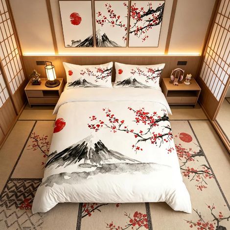 Parure de lit de style japonais avec housse de couette en microfibre douce avec fermeture éclair et attaches à imprimé de montagne pour filles, femmes, hommes, 200 (1/4)