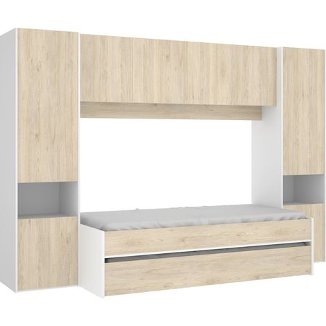 Cama puente con 2 camas, armario y altillo Blanco / Natural 203x303x97 cm - KWAI