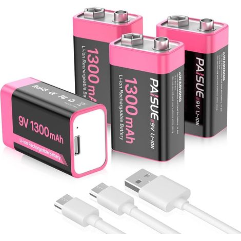 Piles 9V Rechargeables, 1300mAh Lithium-ION 9 Volt Piles carrées avec Port de Charge USB-C Rapide (Pack de 4) (1/5)