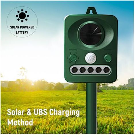 Repulsif d'oiseaux a ultrasons solaire exterieur, double charge solaire, conception etanche, batterie integree, vert herbe (1/5)