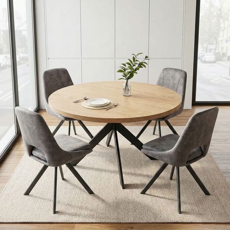 Ensemble de table à manger ronde, plateau rond en MDF finition chêne de 115 cm pour salle à manger et cuisine (4 chaises, flanelle, gris)