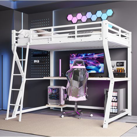 Lit mezzanine 90x200 cm en métal et MDF blanc avec bureau, prise USB et escalier (1/5)