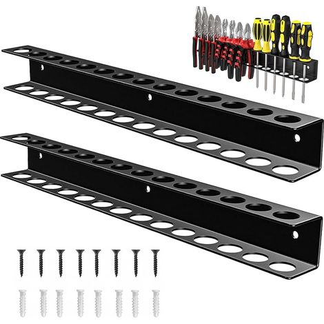 2 Pièces Support Tournevis avec Tubes Expansion & Vis, 14 Trous Organisateurs Outils Muraux pour Garage, Atelier, 40cm Étagère Murale Rangement Outils Mural pour Pinces, Clés, Marteau (Noir) (1/5)