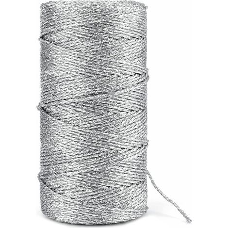 Ficelle décorative de 100 m à reflets métalliques — Cordon d'emballage argenté de 3 mm — Fil à crocheter argenté — Convient pour le bricolage — Non élastique (1/4)