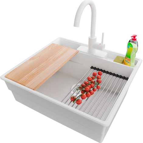 PRIMAGRAN Evier Cuisine en Granit 58x53cm,Lavabo 1 bac + Robinet 32x20cm + Kit de Vidage + Accessoires, Évier à Encastrer au meuble 60cm - New York, Blanc (1/5)
